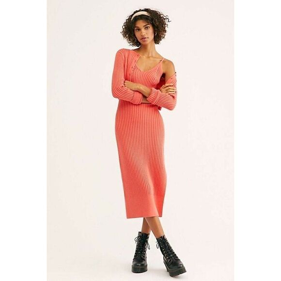 NWT FREE PEOPLE Sz L PHOEBE SET 2 PIECE CARDIGAN AND RIBBED MIDI DRESS SET CORAL - Picture 2 of 4